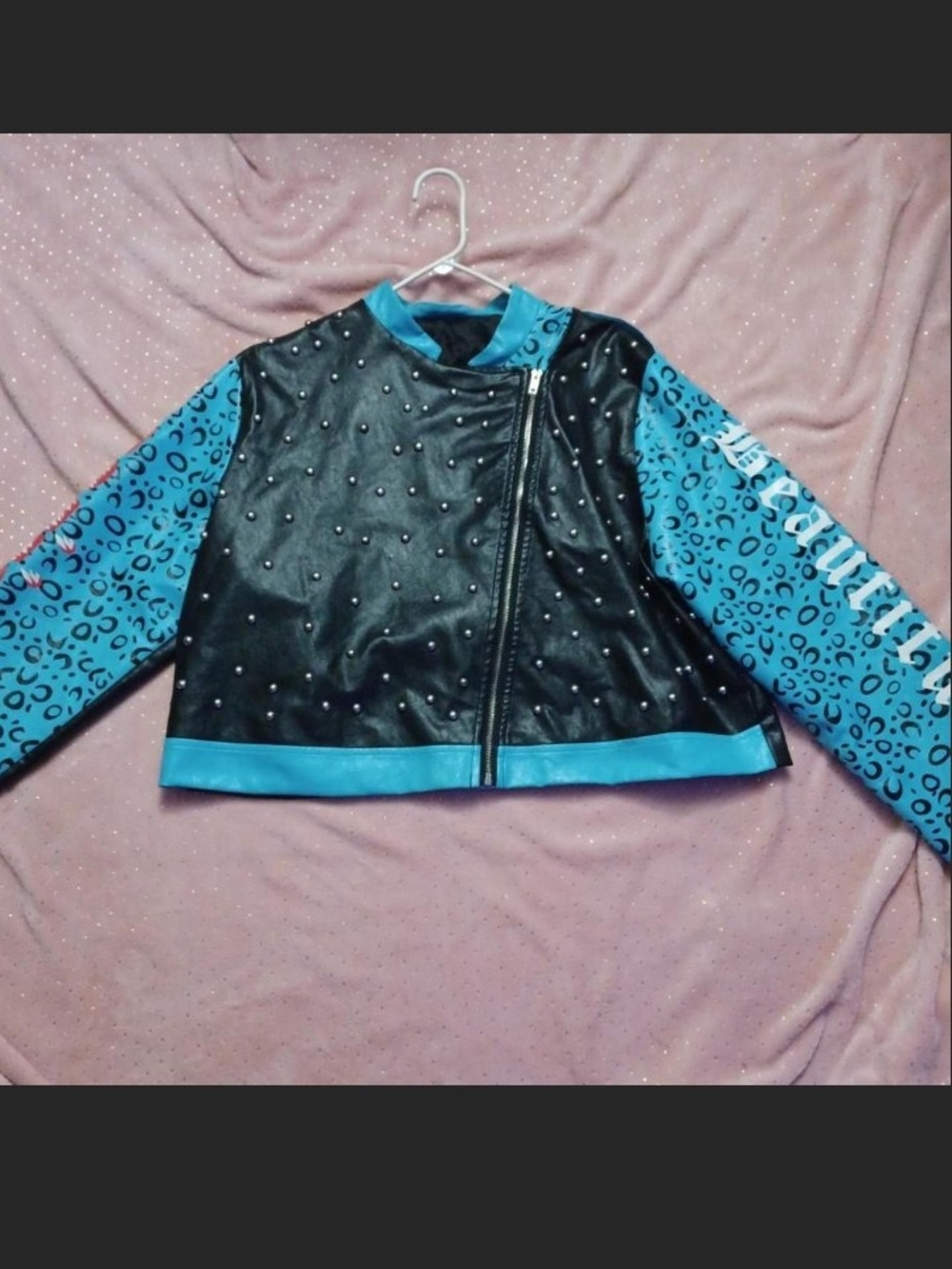 Dooney & Bourke Black Faux Leather Jacket with Blue Leopard Sleeves
